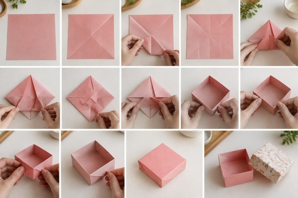 Boîte en origami facile à faire avec couvercle : tutoriel pas à pas